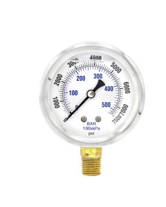 304SS 2.5" 0-300 PSI/ 0-20 Bar Liquid Filled Pressure Gauge, 1/4 NPT Bottom Connection