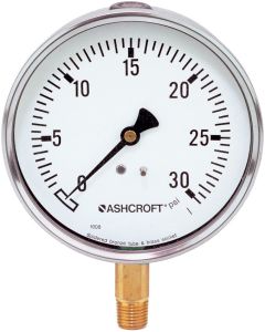 304SS 2.5" 30Hg-15 PSI/ -1.0 - 1.0 Bar Liquid Filled Pressure Gauge, 1/4 NPT Bottom Connection