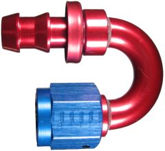 Red/Blue Anodized Aluminum Reusable Socketless Fittings, Female JIC 37 deg Flare Swivel, 180 deg Elbow