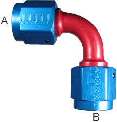 Red/Blue Anodized Aluminum Adapters, Female JIC 37 deg Flare Swivel To Female JIC 37 deg Flare Swivel, 90 deg Elbow