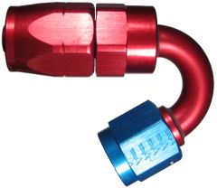 Red/Blue Anodized Aluminum Reusable Fittings for AQP & StartLite Racing Hose, Female JIC 37 deg Flare Swivel, 150 deg Elbow
