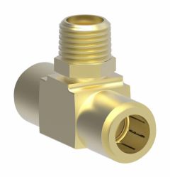 Brass Push>Connect Air Brake Tube Fitting, 0.25 Inch Tube OD Run To 1/8-27 Male NPT Swivel Branch, Tee