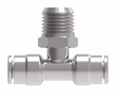 Brass Push>Connect Tube Fitting, 0.38 Inch Tube OD Run To 1/4-18 Male NPT Swivel Branch, Tee