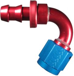 Red/Blue Anodized Aluminum Reusable Socketless Fittings, Female JIC 37 deg Flare Swivel, 120 deg Elbow