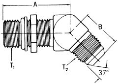 Steel Adapter, 3/4-16 Male SAE O-Ring Boss (Straight Thread O-Ring) To 9/16-18 Male JIC 37 deg Flare, 45 deg Elbow