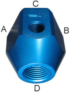 Blue Anodized Aluminum Fuel Block, 1/4, 1/4, 1/8, & 3/8 Inch Female NPT Ports