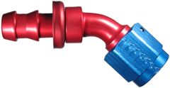 Red/Blue Anodized Aluminum Reusable Socketless Fittings, Female JIC 37 deg Flare Swivel, 45 deg Elbow