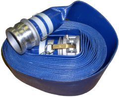 PVC Blue Lay Flat Water Discharge Hose Assembly, 2 I.D. x 50 FT Vinylflow VFL200X300, 65 PSI @ 70°F, Blue Hose, Aluminum female cam & groove coupler (Part C) one end, aluminum male cam & groove adapter (Part E) other end