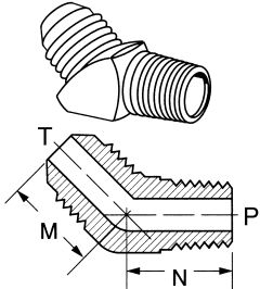 Brass Adapter, 1/8-27 Male NPT To 7/16-20 Male SAE 45 deg Flare, 45 deg Elbow