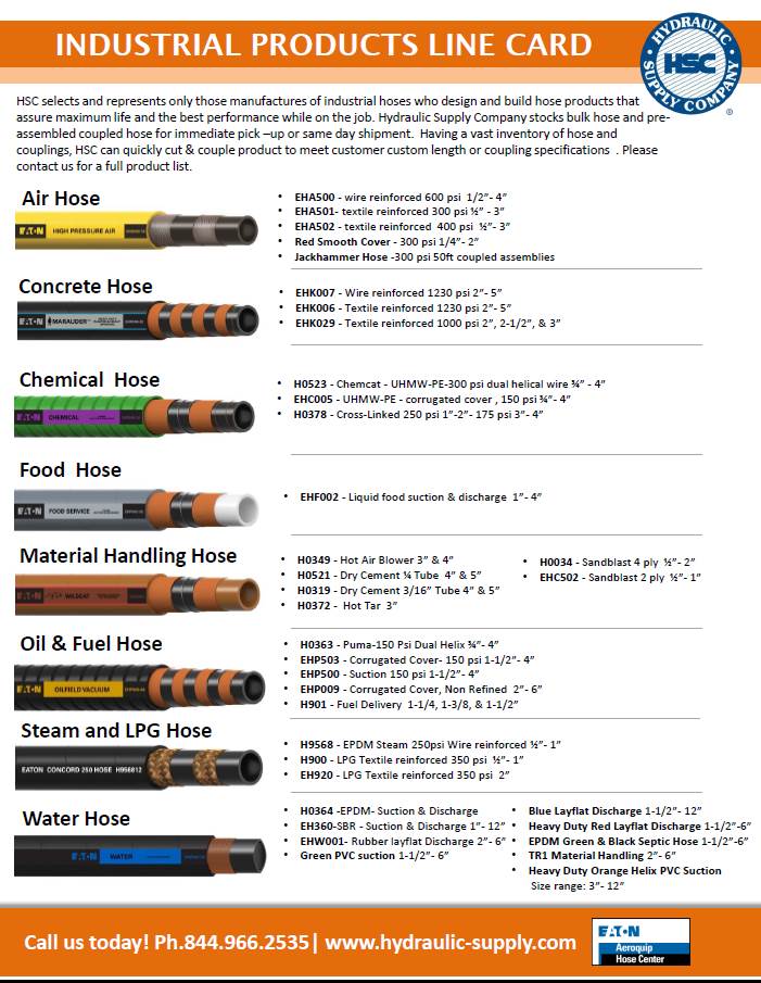 Hydraulic Supply Company industrial hose line card featuring air, concrete, chemical, food, material handling, oil, fuel, steam, LPG, and water hoses with pressure ratings and sizes