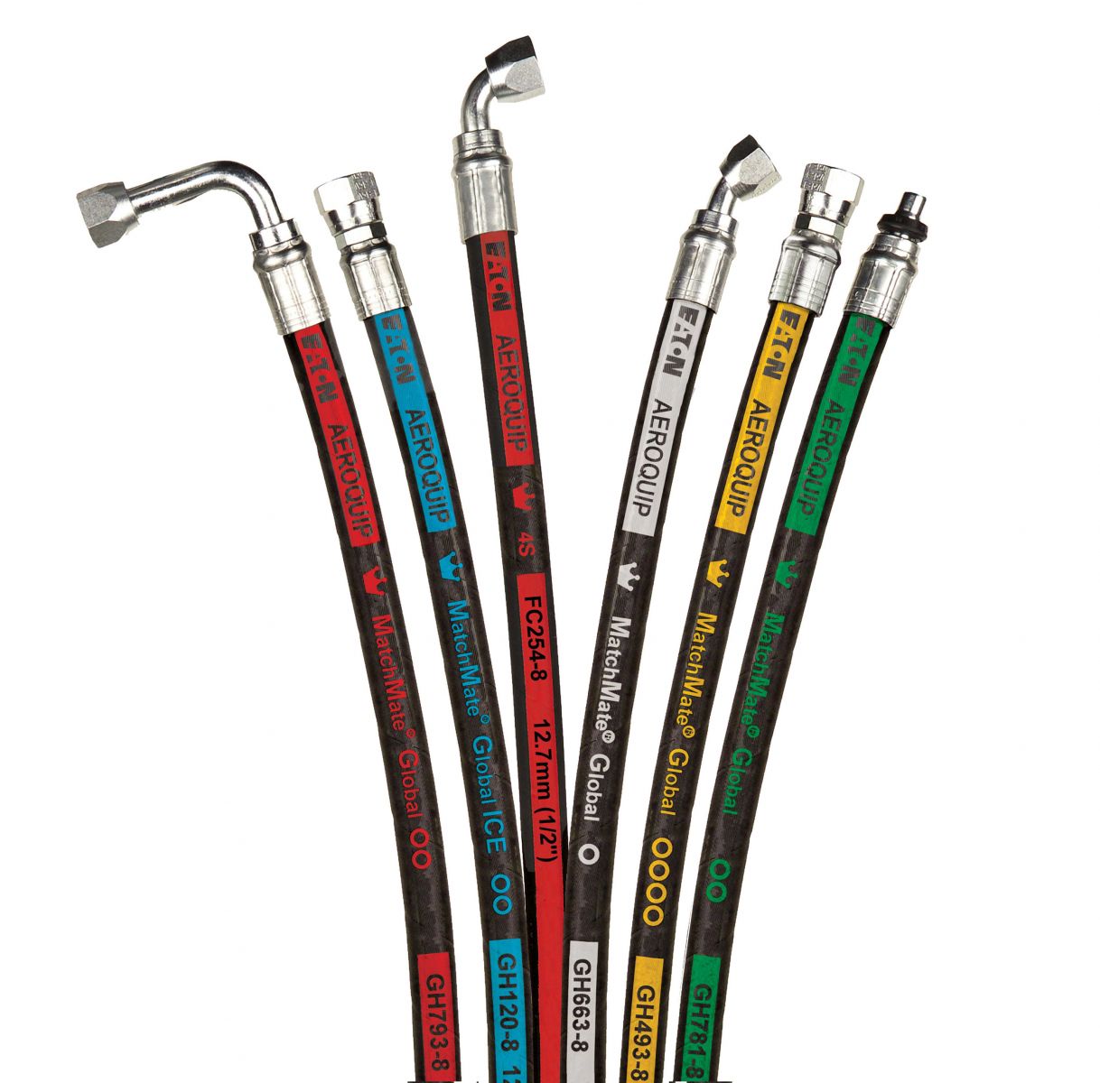 Multiple industrial hoses by Aeroquip arranged like a bouquet