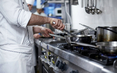Chef and pans in kitchen