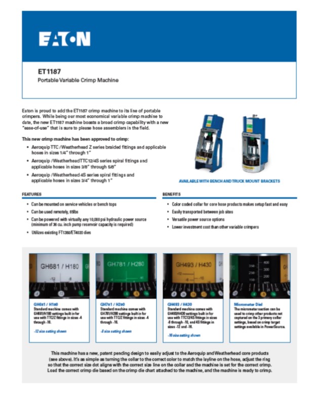 Eaton ET1187 Crimp Machine Catalog at Hydraulic Supply Company