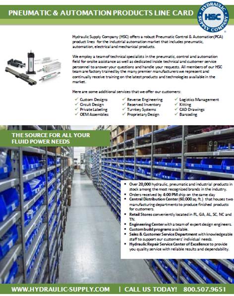 Hydraulic Supply Company pneumatic and automation products line card highlighting custom designs and turnkey systems