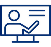 Graphic representing training and online resources with a person presenting on a screen
